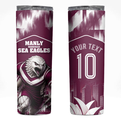 Personalised Sea Eagles Rugby Skinny Tumbler Eagle Mascot Sydney Skyline 3D Graphic