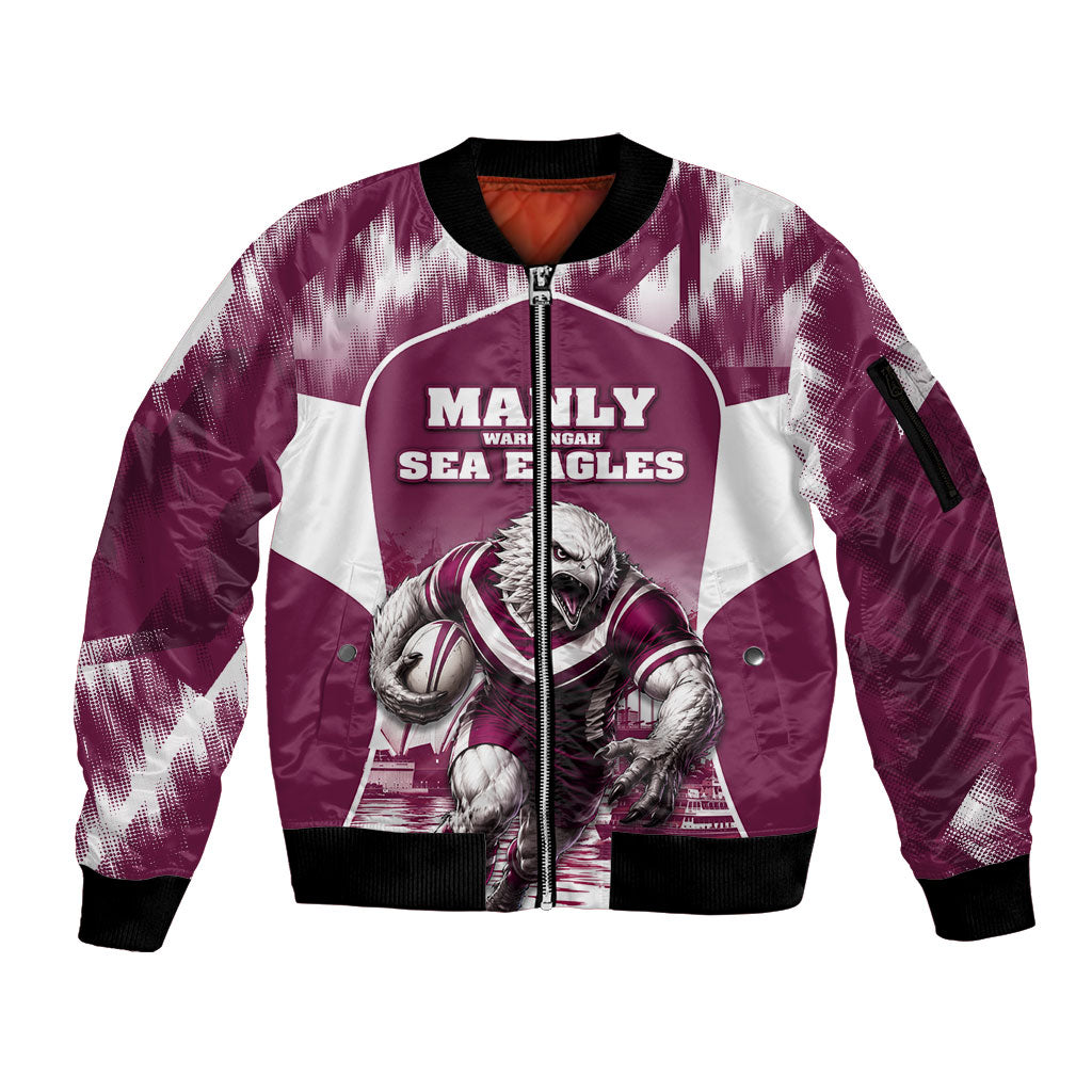 Personalised Sea Eagles Rugby Sleeve Zip Bomber Jacket Eagle Mascot Sydney Skyline 3D Graphic