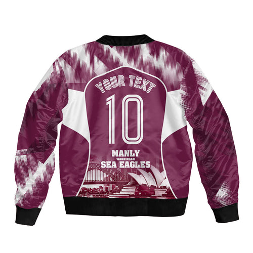 Personalised Sea Eagles Rugby Sleeve Zip Bomber Jacket Eagle Mascot Sydney Skyline 3D Graphic