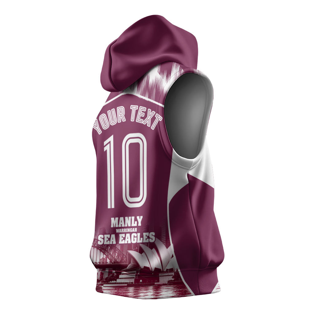 Personalised Sea Eagles Rugby Sleeveless Hoodie Eagle Mascot Sydney Skyline 3D Graphic