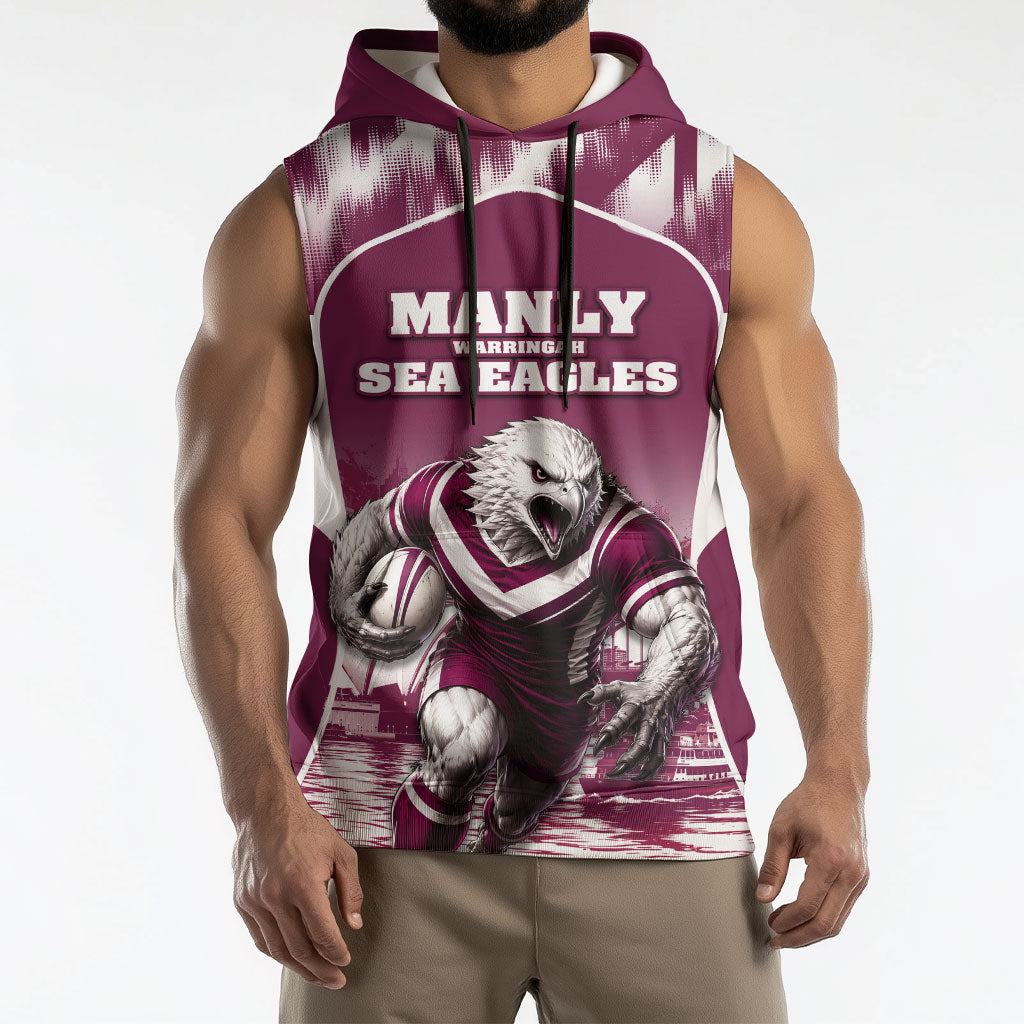 Personalised Sea Eagles Rugby Sleeveless Hoodie Eagle Mascot Sydney Skyline 3D Graphic
