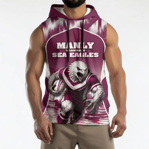 Personalised Sea Eagles Rugby Sleeveless Hoodie Eagle Mascot Sydney Skyline 3D Graphic