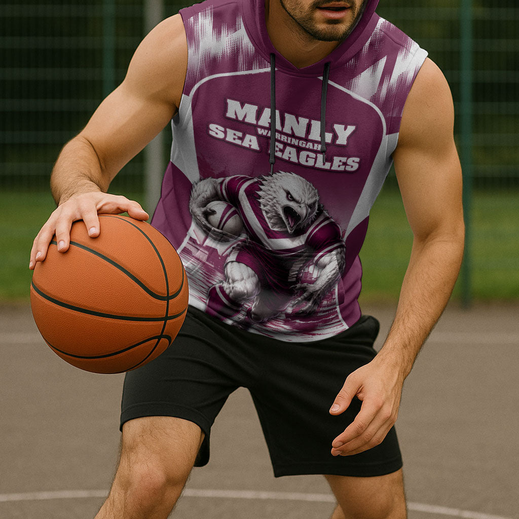 Personalised Sea Eagles Rugby Sleeveless Hoodie Eagle Mascot Sydney Skyline 3D Graphic