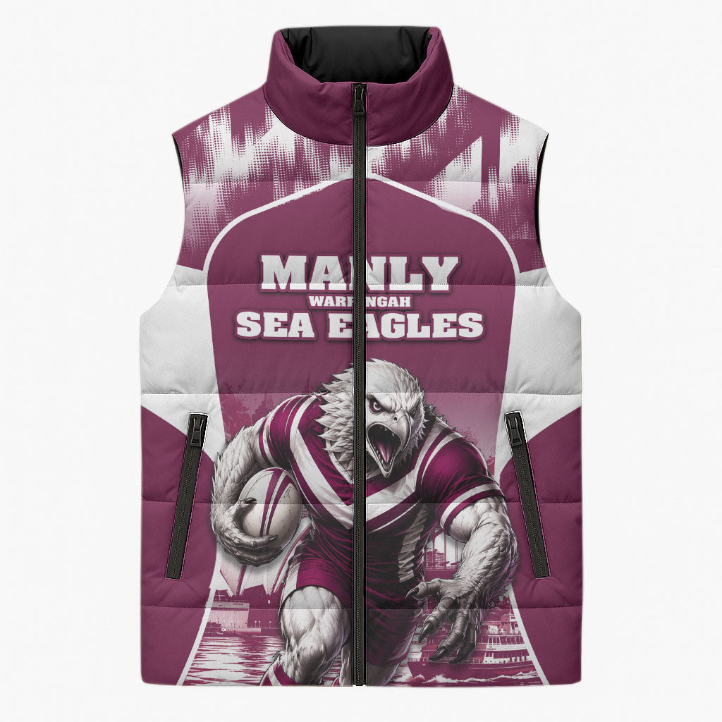 Personalised Sea Eagles Rugby Sleeveless Puffer Jacket Eagle Mascot Sydney Skyline 3D Graphic