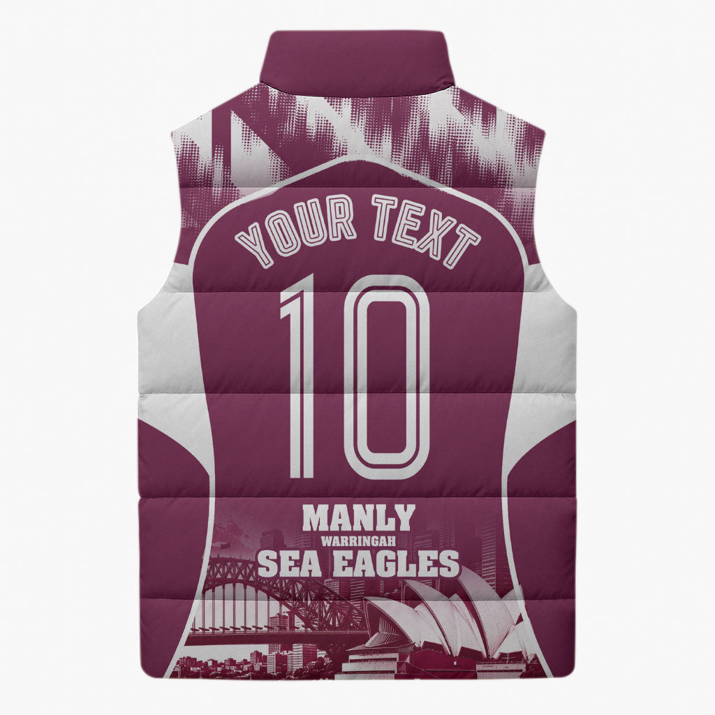 Personalised Sea Eagles Rugby Sleeveless Puffer Jacket Eagle Mascot Sydney Skyline 3D Graphic