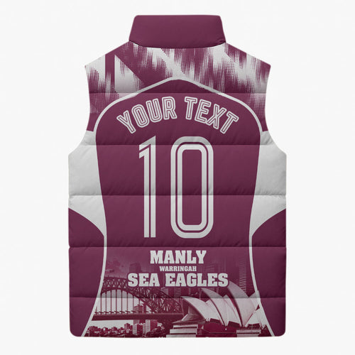 Personalised Sea Eagles Rugby Sleeveless Puffer Jacket Eagle Mascot Sydney Skyline 3D Graphic