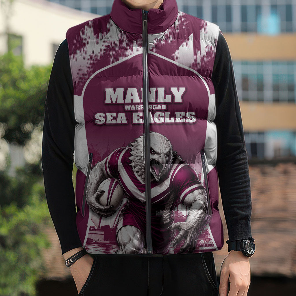 Personalised Sea Eagles Rugby Sleeveless Puffer Jacket Eagle Mascot Sydney Skyline 3D Graphic