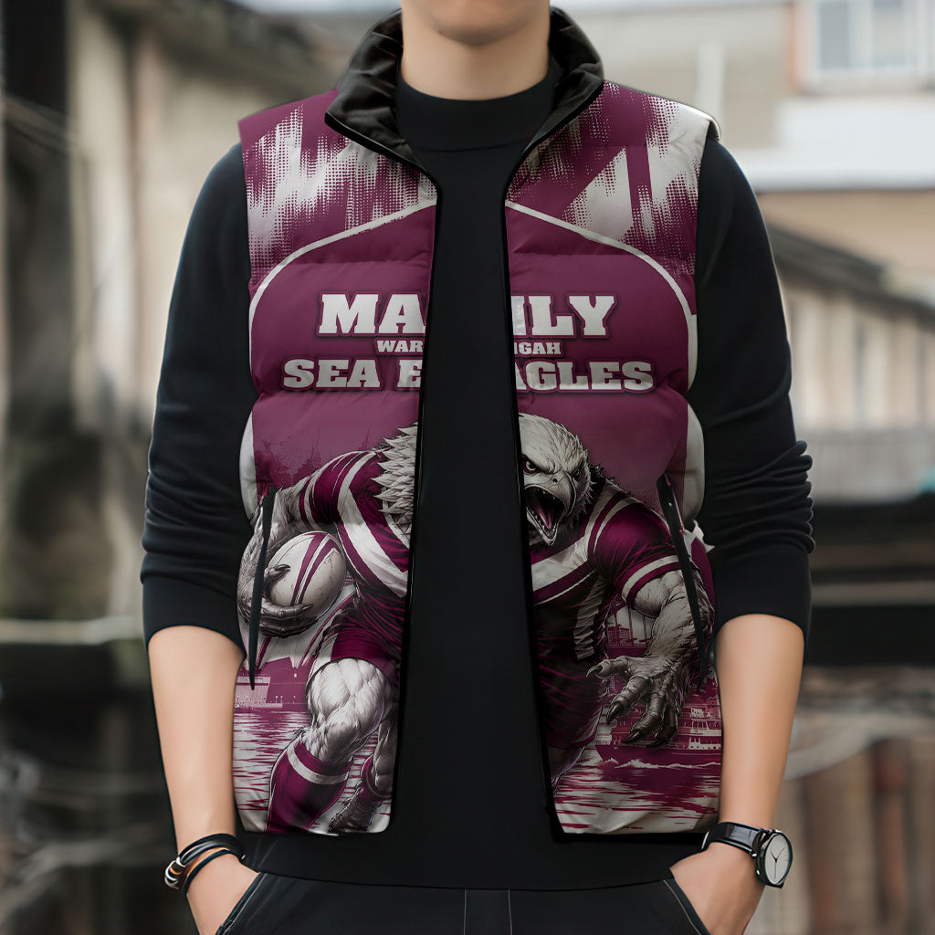 Personalised Sea Eagles Rugby Sleeveless Puffer Jacket Eagle Mascot Sydney Skyline 3D Graphic