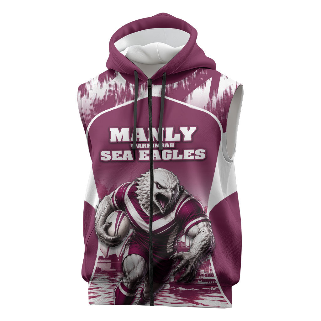 Personalised Sea Eagles Rugby Sleeveless Zip Hoodie Eagle Mascot Sydney Skyline 3D Graphic