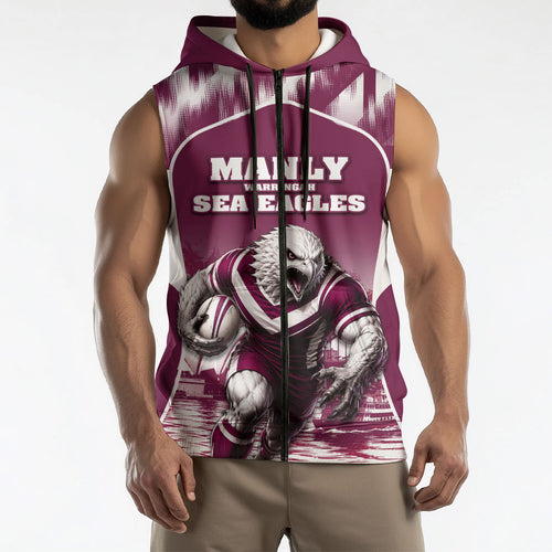 Personalised Sea Eagles Rugby Sleeveless Zip Hoodie Eagle Mascot Sydney Skyline 3D Graphic