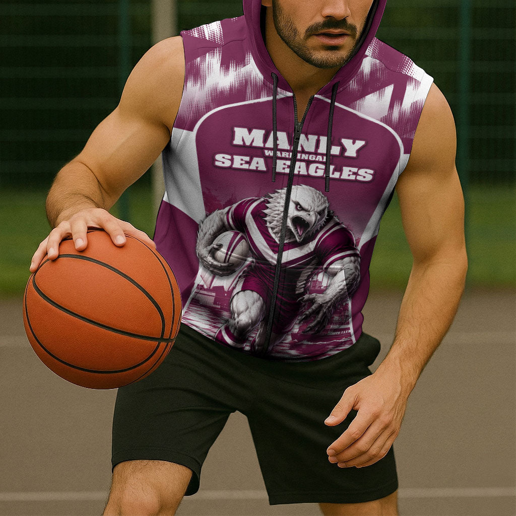 Personalised Sea Eagles Rugby Sleeveless Zip Hoodie Eagle Mascot Sydney Skyline 3D Graphic