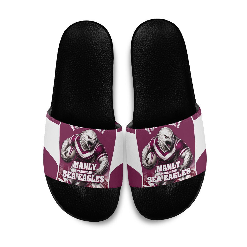 Personalised Sea Eagles Rugby Slide Sandals Eagle Mascot Sydney Skyline 3D Graphic