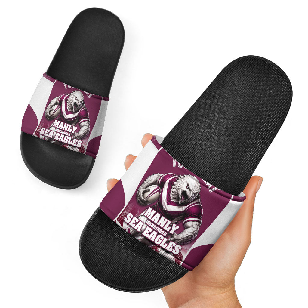 Personalised Sea Eagles Rugby Slide Sandals Eagle Mascot Sydney Skyline 3D Graphic