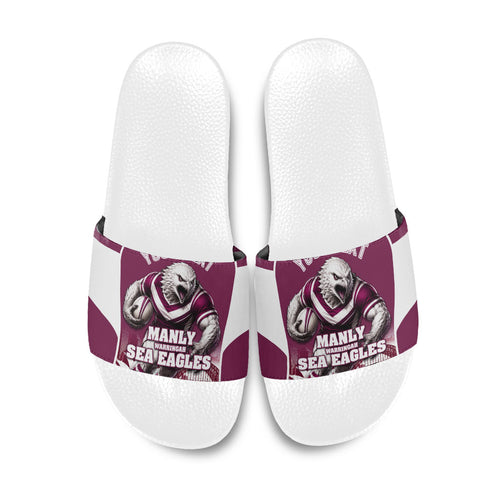Personalised Sea Eagles Rugby Slide Sandals Eagle Mascot Sydney Skyline 3D Graphic