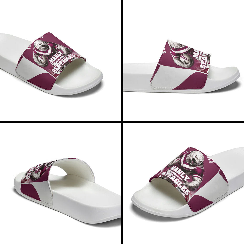 Personalised Sea Eagles Rugby Slide Sandals Eagle Mascot Sydney Skyline 3D Graphic