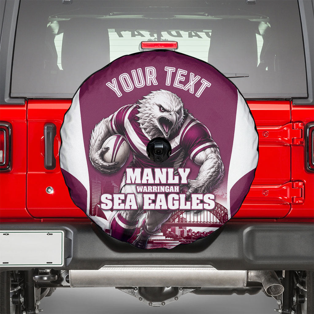 Personalised Sea Eagles Rugby Spare Tire Cover Eagle Mascot Sydney Skyline 3D Graphic