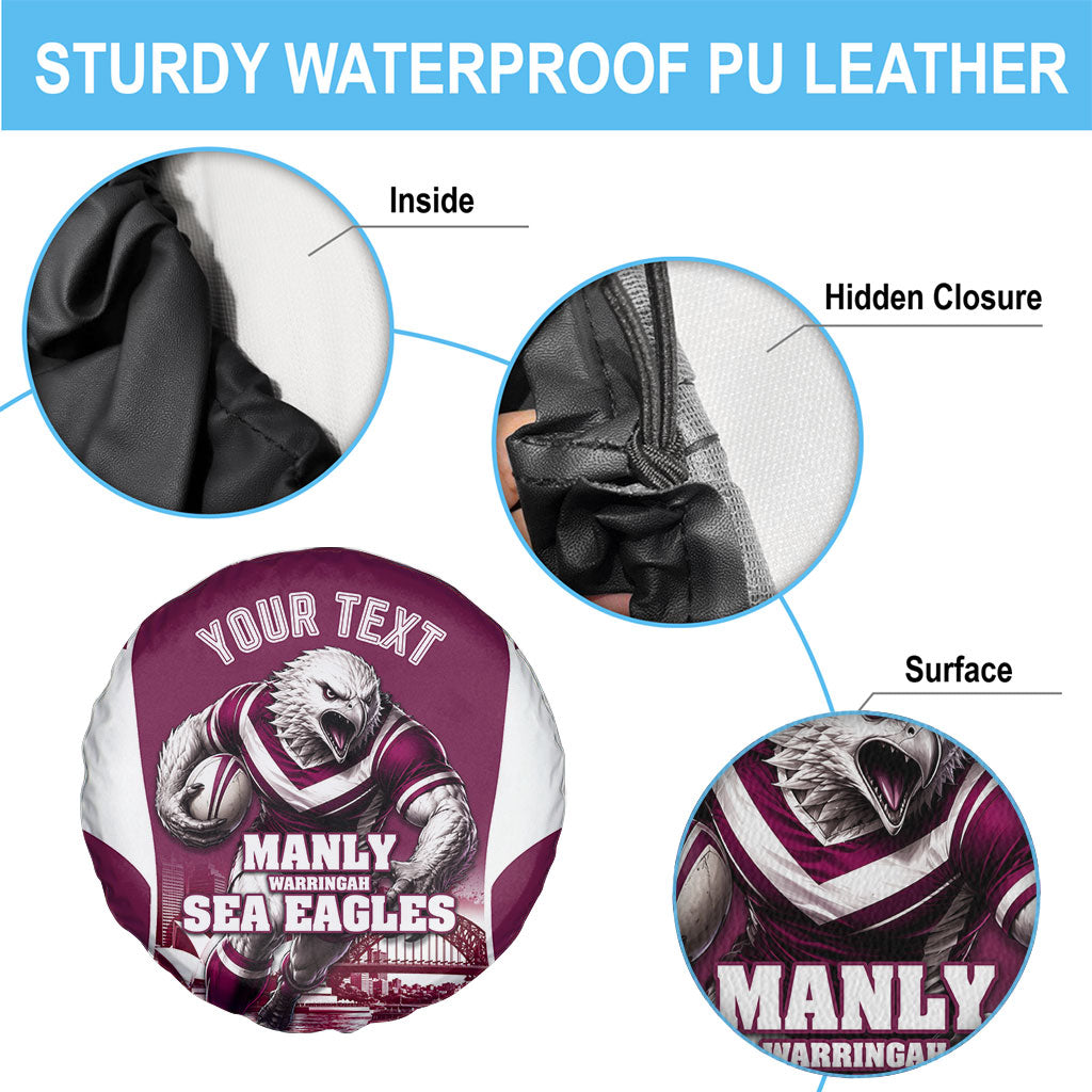 Personalised Sea Eagles Rugby Spare Tire Cover Eagle Mascot Sydney Skyline 3D Graphic