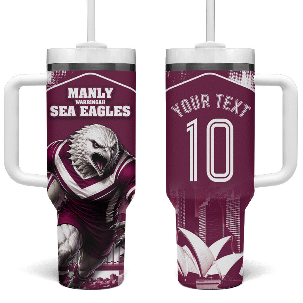 Personalised Sea Eagles Rugby Tumbler With Handle Eagle Mascot Sydney Skyline 3D Graphic