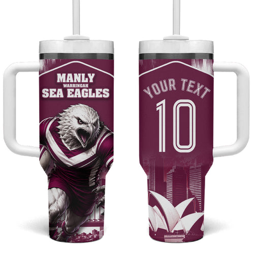 Personalised Sea Eagles Rugby Tumbler With Handle Eagle Mascot Sydney Skyline 3D Graphic