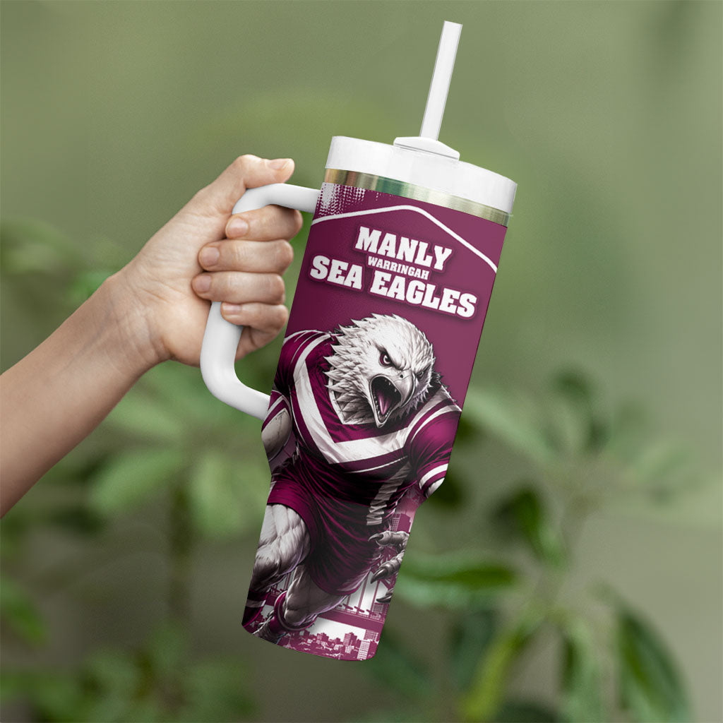 Personalised Sea Eagles Rugby Tumbler With Handle Eagle Mascot Sydney Skyline 3D Graphic