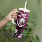 Personalised Sea Eagles Rugby Tumbler With Handle Eagle Mascot Sydney Skyline 3D Graphic