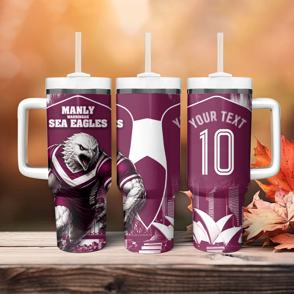Personalised Sea Eagles Rugby Tumbler With Handle Eagle Mascot Sydney Skyline 3D Graphic