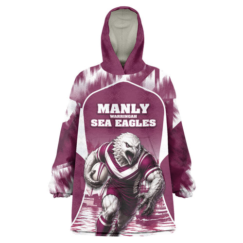 Personalised Sea Eagles Rugby Wearable Blanket Hoodie Eagle Mascot Sydney Skyline 3D Graphic