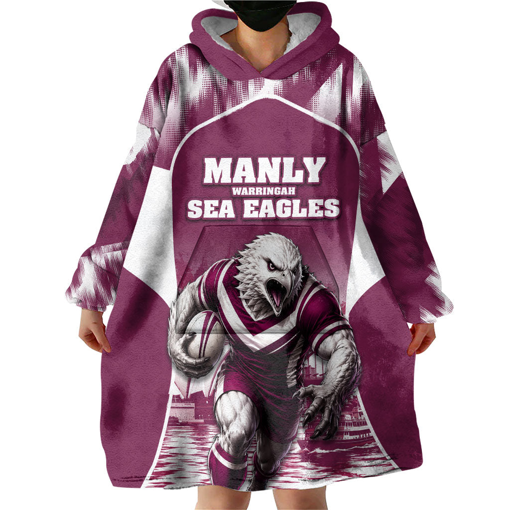 Personalised Sea Eagles Rugby Wearable Blanket Hoodie Eagle Mascot Sydney Skyline 3D Graphic