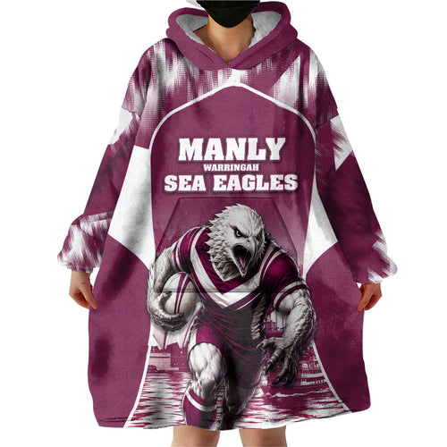 Personalised Sea Eagles Rugby Wearable Blanket Hoodie Eagle Mascot Sydney Skyline 3D Graphic