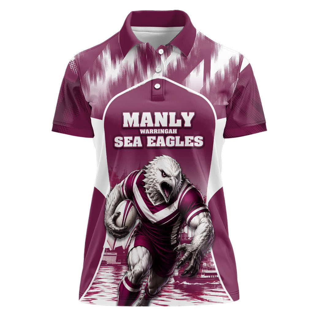 Personalised Sea Eagles Rugby Women Polo Shirt Eagle Mascot Sydney Skyline 3D Graphic
