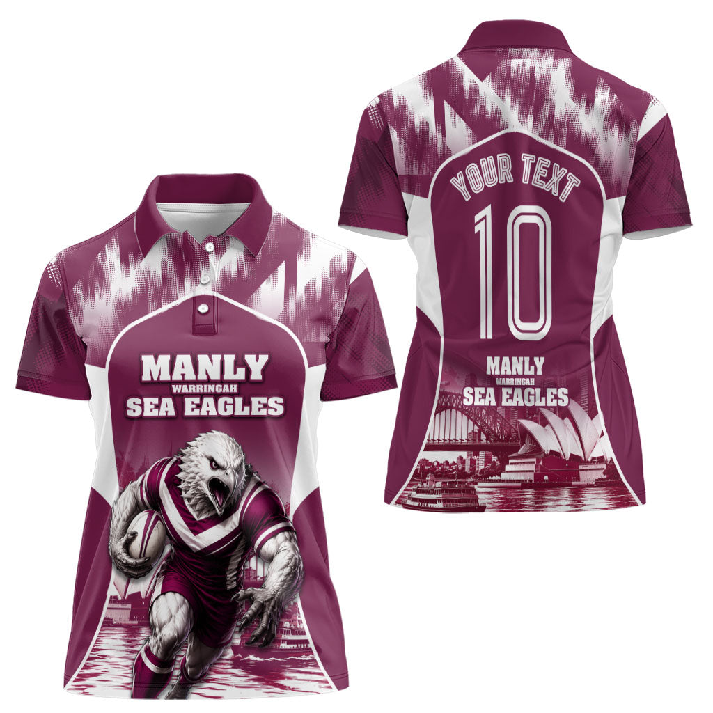 Personalised Sea Eagles Rugby Women Polo Shirt Eagle Mascot Sydney Skyline 3D Graphic