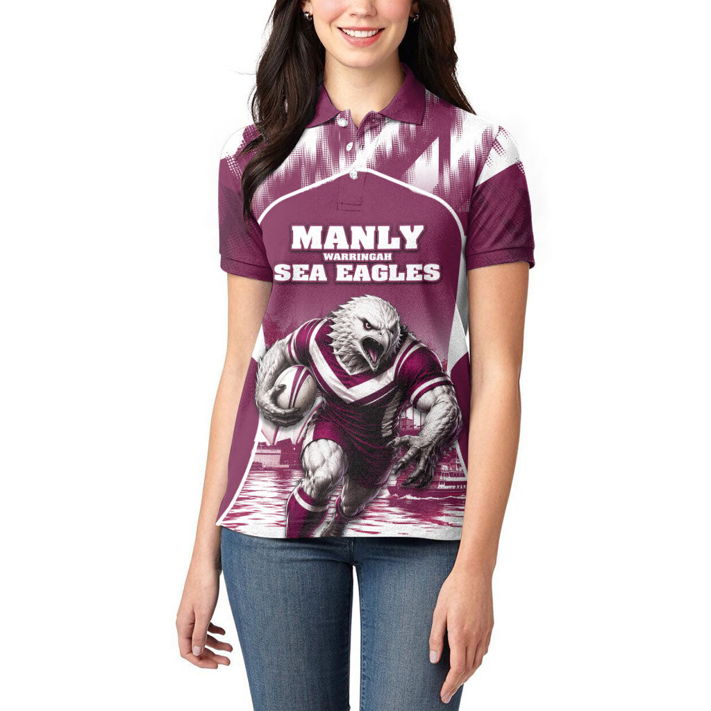 Personalised Sea Eagles Rugby Women Polo Shirt Eagle Mascot Sydney Skyline 3D Graphic