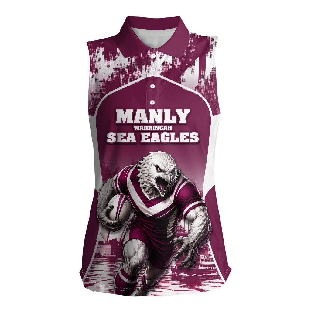 Personalised Sea Eagles Rugby Women Sleeveless Polo Shirt Eagle Mascot Sydney Skyline 3D Graphic