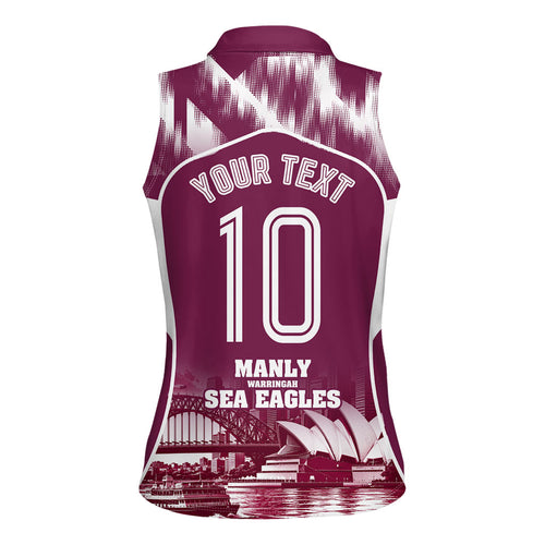 Personalised Sea Eagles Rugby Women Sleeveless Polo Shirt Eagle Mascot Sydney Skyline 3D Graphic