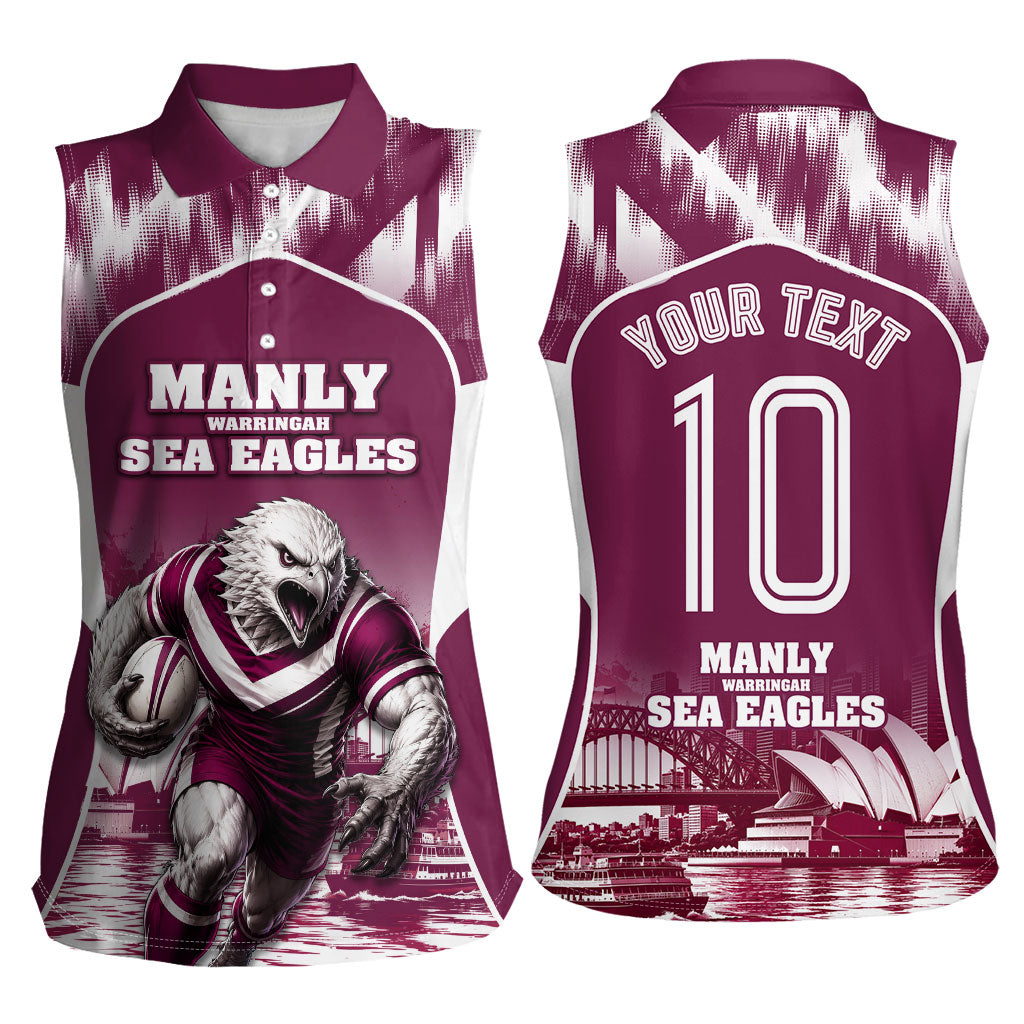 Personalised Sea Eagles Rugby Women Sleeveless Polo Shirt Eagle Mascot Sydney Skyline 3D Graphic