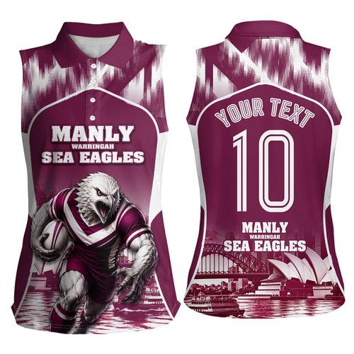 Personalised Sea Eagles Rugby Women Sleeveless Polo Shirt Eagle Mascot Sydney Skyline 3D Graphic