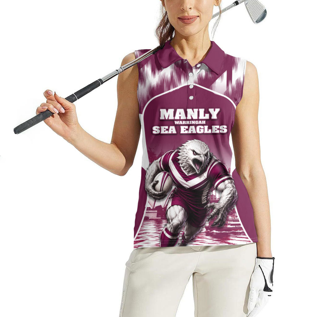 Personalised Sea Eagles Rugby Women Sleeveless Polo Shirt Eagle Mascot Sydney Skyline 3D Graphic