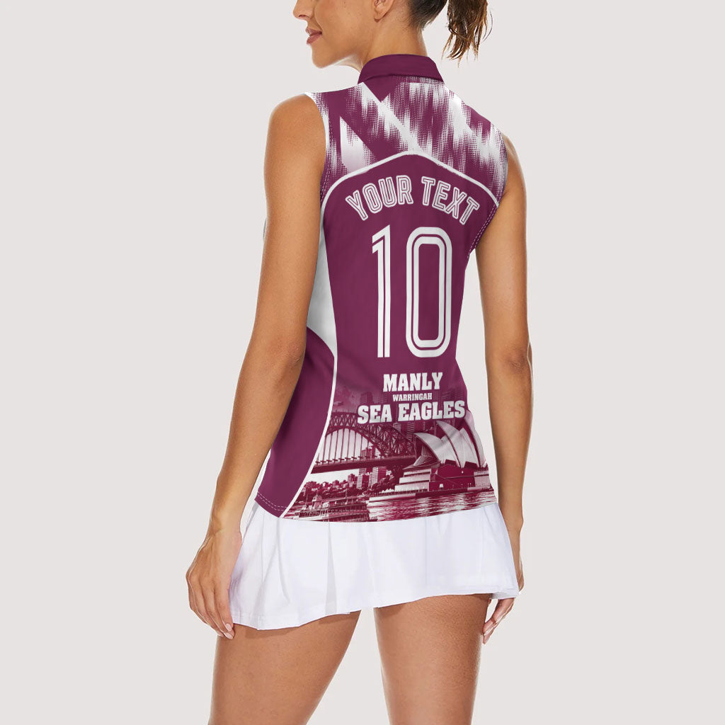 Personalised Sea Eagles Rugby Women Sleeveless Polo Shirt Eagle Mascot Sydney Skyline 3D Graphic