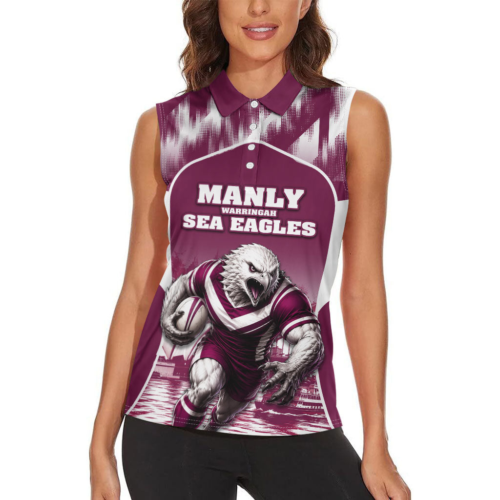 Personalised Sea Eagles Rugby Women Sleeveless Polo Shirt Eagle Mascot Sydney Skyline 3D Graphic