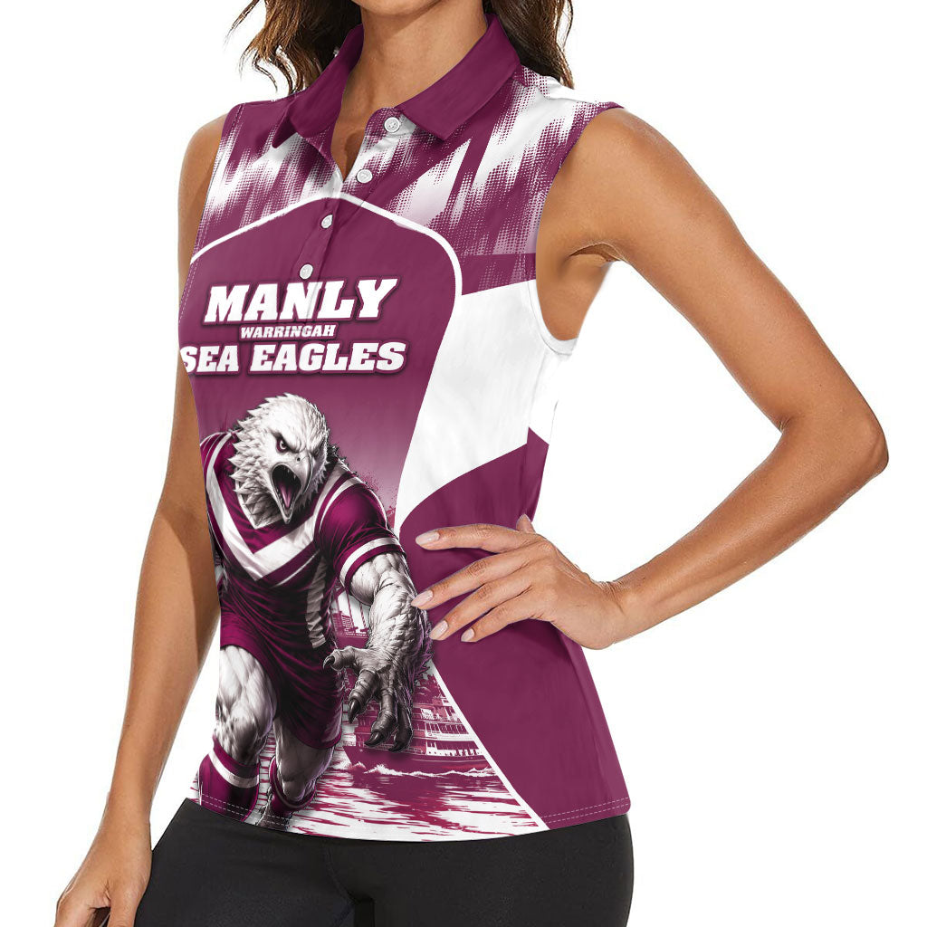 Personalised Sea Eagles Rugby Women Sleeveless Polo Shirt Eagle Mascot Sydney Skyline 3D Graphic