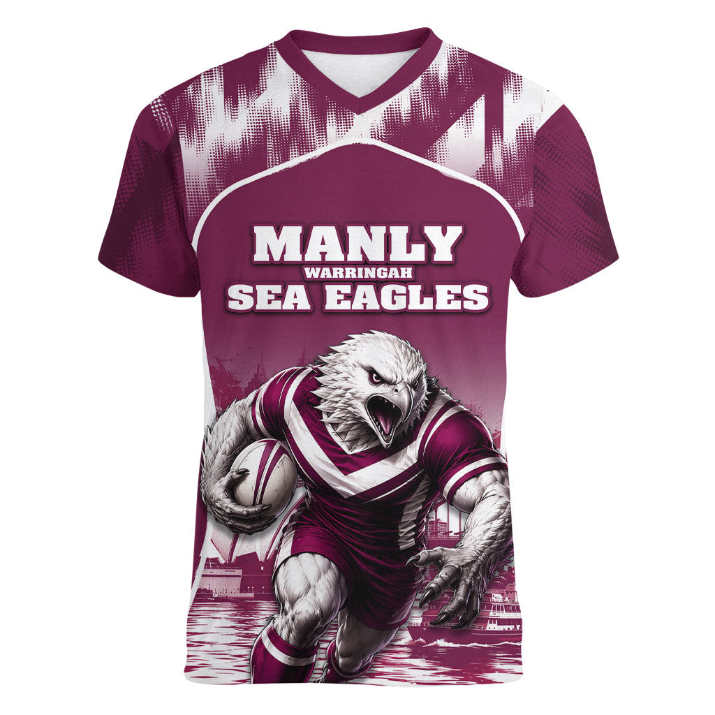 Personalised Sea Eagles Rugby Women V-Neck T-Shirt Eagle Mascot Sydney Skyline 3D Graphic