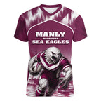 Personalised Sea Eagles Rugby Women V-Neck T-Shirt Eagle Mascot Sydney Skyline 3D Graphic