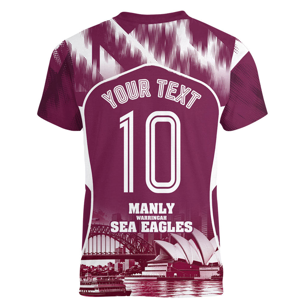 Personalised Sea Eagles Rugby Women V-Neck T-Shirt Eagle Mascot Sydney Skyline 3D Graphic