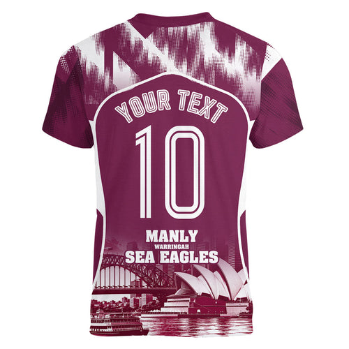 Personalised Sea Eagles Rugby Women V-Neck T-Shirt Eagle Mascot Sydney Skyline 3D Graphic
