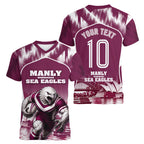 Personalised Sea Eagles Rugby Women V-Neck T-Shirt Eagle Mascot Sydney Skyline 3D Graphic