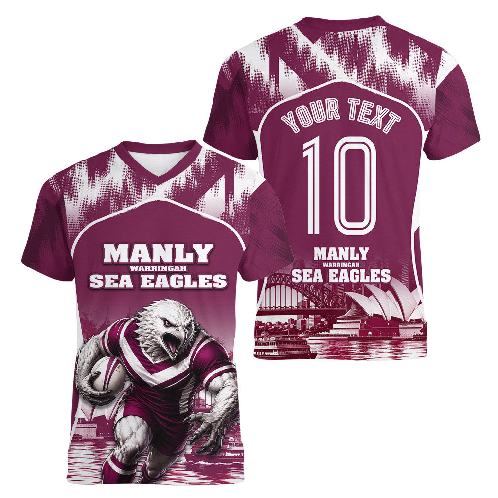 Personalised Sea Eagles Rugby Women V-Neck T-Shirt Eagle Mascot Sydney Skyline 3D Graphic