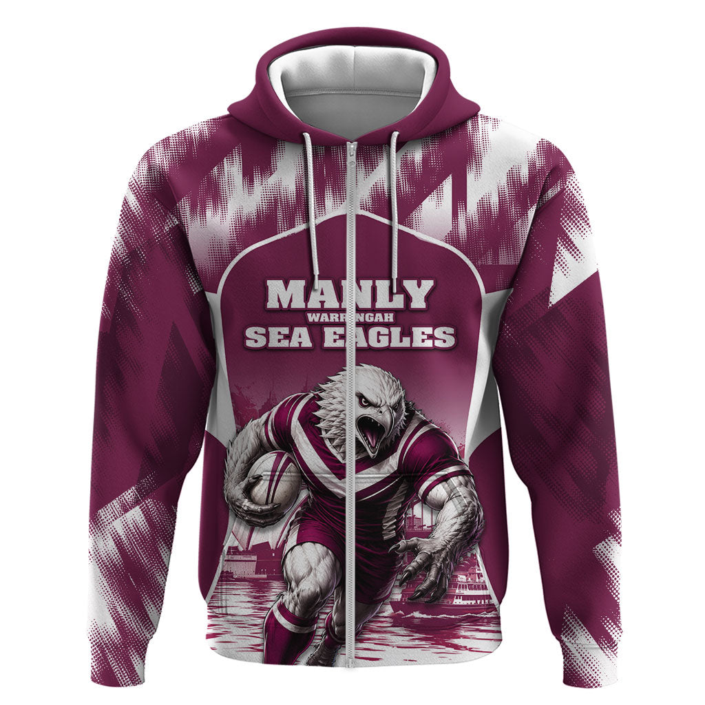 Personalised Sea Eagles Rugby Zip Hoodie Eagle Mascot Sydney Skyline 3D Graphic