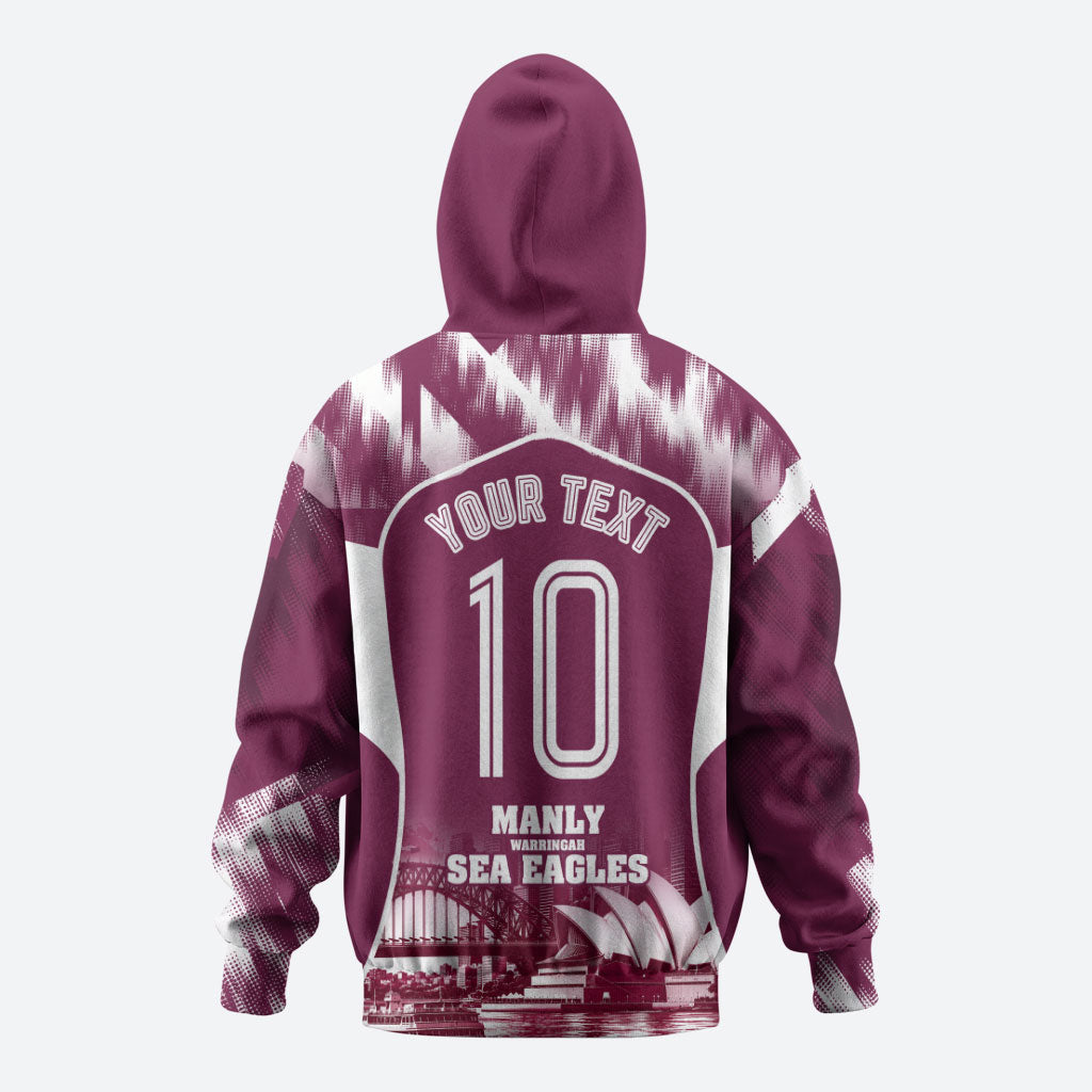 Personalised Sea Eagles Rugby Zip Hoodie Eagle Mascot Sydney Skyline 3D Graphic