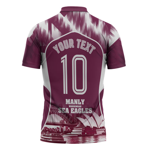 Personalised Sea Eagles Rugby Zipper Polo Shirt Eagle Mascot Sydney Skyline 3D Graphic
