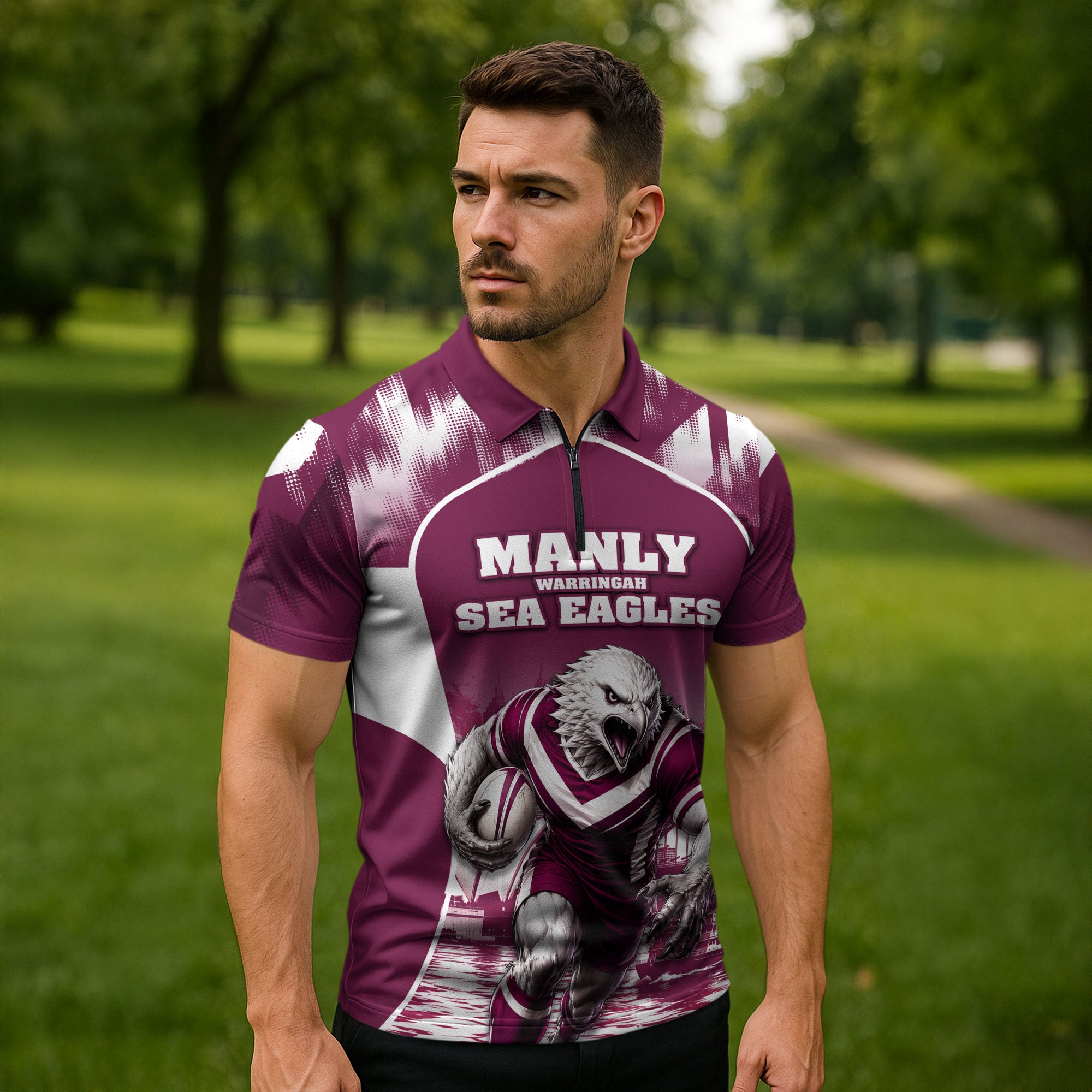 Personalised Sea Eagles Rugby Zipper Polo Shirt Eagle Mascot Sydney Skyline 3D Graphic